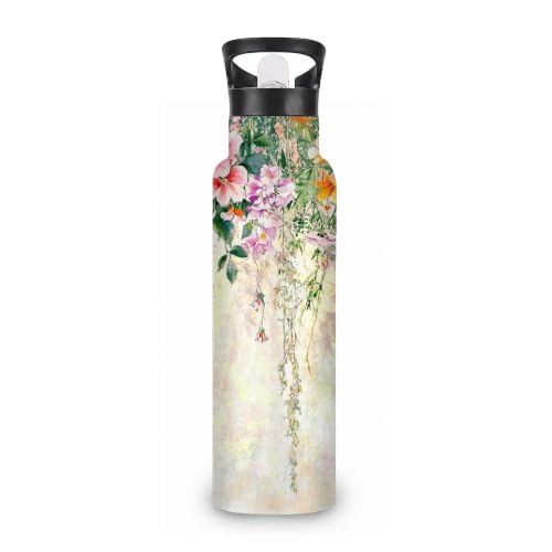 Abstract Flowers Insulated Water Bottle with Straw 20 oz,Watercolor Painting Stainless Steel Leak Resistant Double Wall Water Bottles with Handle for Gym Sports Travel Outdoor - color: Abstract Flowers,Watercolor Painting