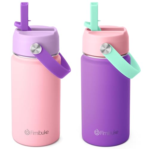 Fimibuke Kids Insulated Water Bottle - 14oz BPA-FREE 18/8 Stainless Steel Travel Tumbler Leak Proof Double Wall Vacuum Kids Cup with Straw Metal Water Bottle for School Boys Girls（2 Pack, Macaron） - color: B24. Macaron
