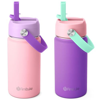 Fimibuke Kids Insulated Water Bottle - 14oz BPA-FREE 18/8 Stainless Steel Travel Tumbler Leak Proof Double Wall Vacuum Kids Cup with Straw Metal Water Bottle for School Boys Girls（2 Pack, Macaron） - color: B24. Macaron
