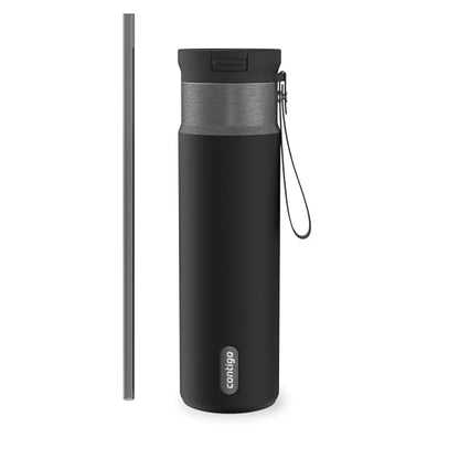 Contigo SnapSeal 709.8ml(24온스) 스테인리스 스틸 진공 단열 물병, 누출 방지 자동 닫힘 뚜껑, 휴대용 스트랩 및 재사용 가능한 빨대, BPA 프리 및 납 프리, 식기세척기 사용 가능 - color: 감초 건메탈, size: 24온스