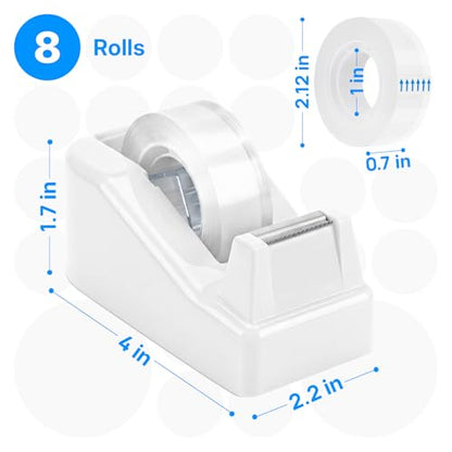 OWLKELA Lightweight Desktop Tape Dispenser, Non-Skid Base Tape with Dispenser, Ideal for Office, Home and School, 1 Pack Tape Holder with 8Pcs Transparent Tape, 0.71 Inch x 1000 Inches, White - color: White, size: 1 Pcs