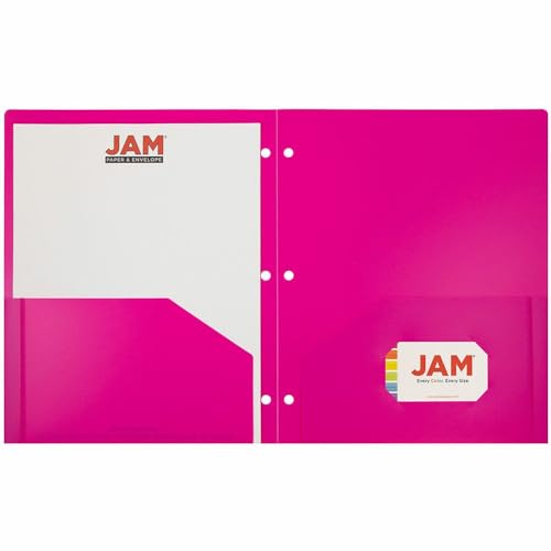 JAM PAPER Heavy Duty Plastic 3 Hole Punch Pocket Folders - Extra Tough School Folders - Fuchsia Hot Pink - 3/Pack - color: Fuchsia, size: 3 Per Pack
