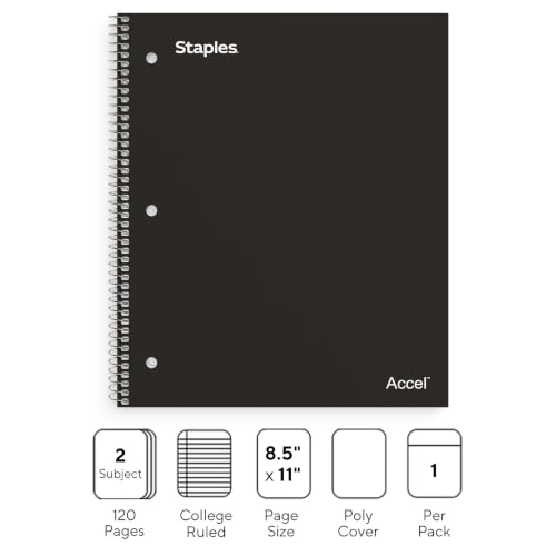 STAPLES 2‑Subject Notebook, 8.5” x 11”, College Ruled, Black – Multi‑Section Writing Notebook