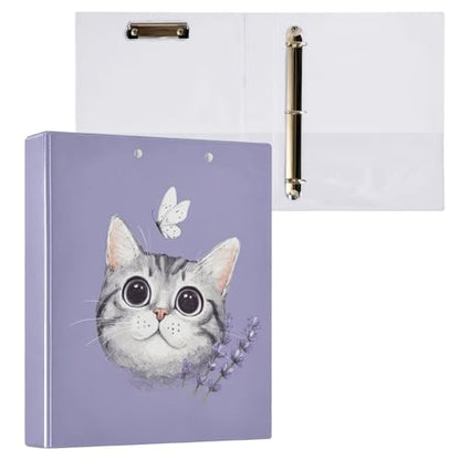 Fustylead Lovely Cat and Butterfly Lavender 3 Ring Binder, D-Rings 1.5" Hardcover Folder, Fits 200 Sheets of A4 Paper, Durable Clipboard & Clean View with Inside Pockets for School Home Office - size: 12.4x10.63x2.36 Inch-2 Pack