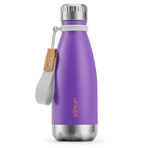 Small Water Bottle-12 oz Leak Proof Stainless Steel Water Bottle for Purse | Double Wall Vacuum Insulated Water Bottle for Travel, School, Cola Shape Flask with Carry Rope for Boys and Girls (Purple) - color: Purple, size: 12 Ounces