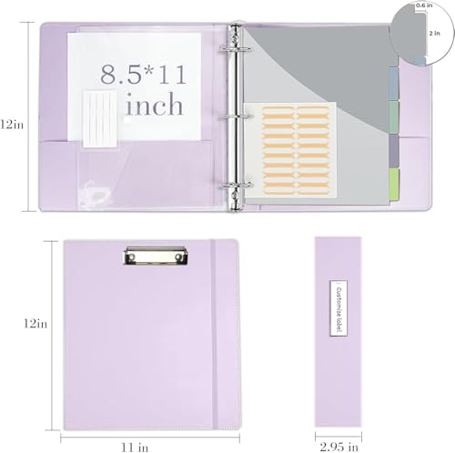 Leather 3 Ring Binder, 2 Inch Binders with Clipboards, 5-Tabs Pockets Dividers, 18 Divider Stikers, Plastic Folder, Pen Holder, Three Ring Binder with Pen Holder(Purple, Letter Size) - color: Purple, size: 2in（Letter Size）