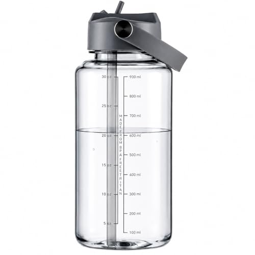 OLDLEY 32oz Water Bottle with Straw,Leakproof Tritan Clear Bottle with Marked Bottle and Carry Handle, BPA-Free Wide Mouth Reusable Sports Water Bottle for Gym,Hiking, Camping,Travel, Workout,Grey - color: Grey