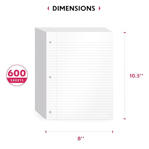 Alitte Loose Leaf Paper, College Ruled, 600 Sheets (150/Pack) Filler Paper for Writing Notes - School, College, Office 3 Hole-Punch Lined Sheets for Ring Binders, Pocket Folders - White, 8 x 10.5 - color: College Ruled