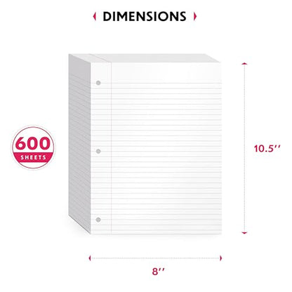 Alitte Loose Leaf Paper, Wide Ruled, 600 Sheets (150/Pack) Filler Paper for Writing Notes - School, College, Office - 3 Hole-Punch Lined Sheets for Ring Binders, Pocket Folders - White, 8 x 10.5 - color: Wide Ruled