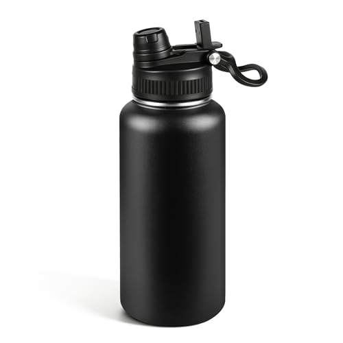 32oz Insulated Stainless Steel Water Bottle 2-in-1 Leak-Proof Sip & Straw Lid with Handle, Double Wall Vacuum Insulated Travel Mug for Sports, Commute, Office, Black, 1 Pack - color: Black, size: 32 Ounces