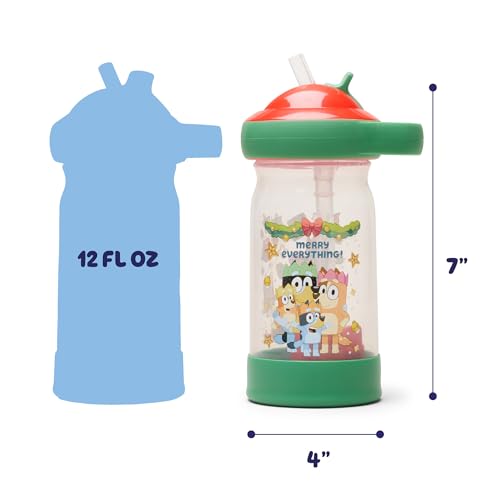 The First Years Sip & See Holiday Bluey Toddler Water Bottle - Includes Floating Charm - Spill Proof Toddler Cup with Straw - Dishwasher Safe with Flip Top Straw Cover - 13 Oz - style: Bluey Christmas