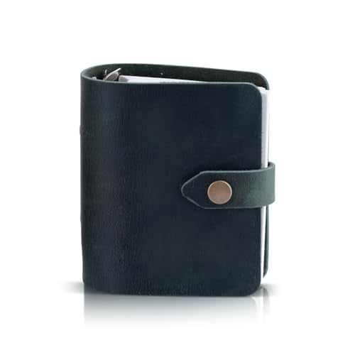 Yitexin Small Leather Refillable Journal with Snap Button, 3.46" x 3.54" Handmade Leather Travelers Notebook, Vintage 3-Ring Binder Planner 60 Sheets Paper for Business Office Writing (Dark Green)