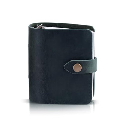 Yitexin Small Leather Refillable Journal with Snap Button, 3.46" x 3.54" Handmade Leather Travelers Notebook, Vintage 3-Ring Binder Planner 60 Sheets Paper for Business Office Writing (Dark Green)
