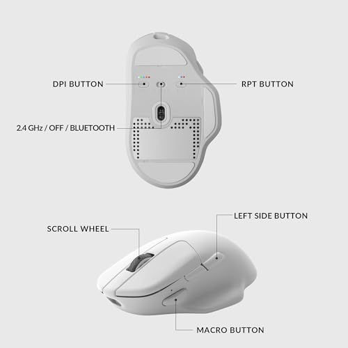 Keychron M7 Wireless Computer Mouse, 26K DPI Optical Computer Mouse, 2.4 GHz/Bluetooth/Wired with Macro Button 63g Lightweight Ergonomic, Up to 70 Hours Worktime for Laptop macOS/Windows - White - color: White, style: 1K Polling Rate