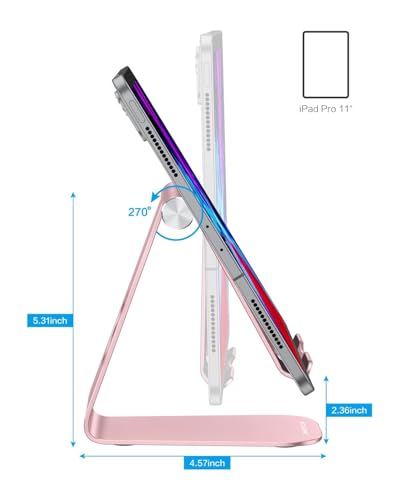 OMOTON T1 Adjustable Tablet Stand for Desk, Aluminum Holder Rose Gold | Solid Metal Build | Charging Cutout | Anti-Slip Silicone Pads | Multi-Angle Adjustable | Fits 3.5-12.9" | Holds Thick Cases - color: Rose Gold