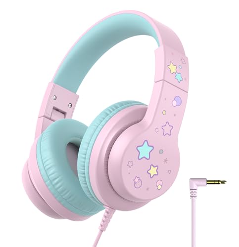 iClever Kids Headphones for School/Travel with Safe Volume 85dBA, HS19S Stereo Sound Over-Ear Girls Boys Headphones for Kids, Foldable 3.5mm Wired Headphone for iPad/Computer - color: A Pink Star