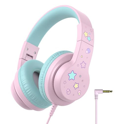 iClever Kids Headphones for School/Travel with Safe Volume 85dBA, HS19S Stereo Sound Over-Ear Girls Boys Headphones for Kids, Foldable 3.5mm Wired Headphone for iPad/Computer - color: A Pink Star