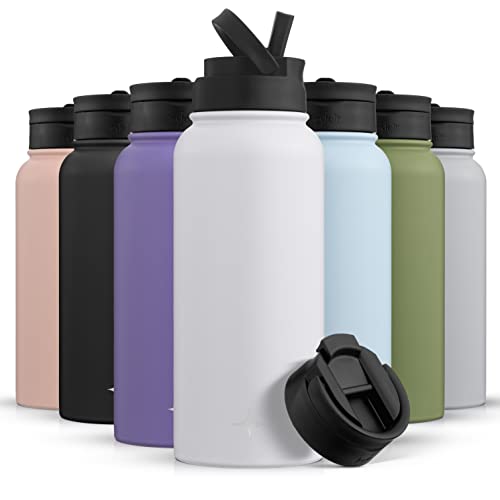 JoyJolt Triple Insulated Water Bottle with Straw Lid AND Flip Lid! 32oz Large Water Bottle, 12 Hour Hot/Cold Vacuum Insulated Stainless Steel Bottle. BPA-Free Leakproof Water Bottles - Thermos Bottle - color: Matte White, size: 32 Ounces