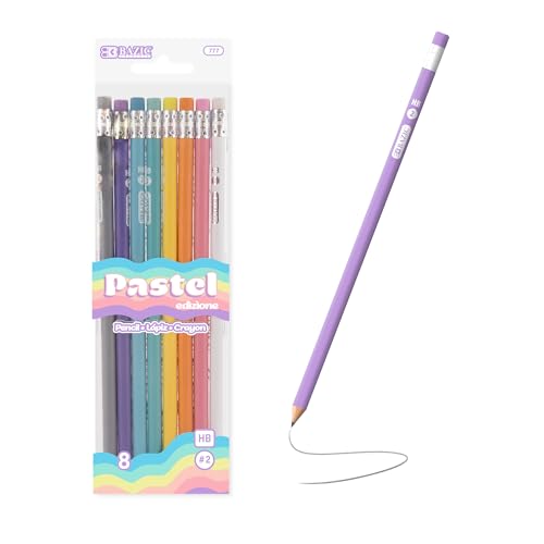 BAZIC PRODUCTS Pastel #2 Pencils, Eraser, 8 Count, Assorted Colors | #2 HB lead, Soft pastel barrels, eraser tops, school, journaling, party favors, fun everyday writing - size: 24-Pack