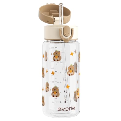 Evorie Tritan Kids Water Bottle with Straw, 13oz BPA-Free Leak-Proof Drinking Bottle for School & Travel, Lightweight Clear Water Bottle, Dishwasher Safe, for Kids Ages 3+ (Capybara) - color: Capybara
