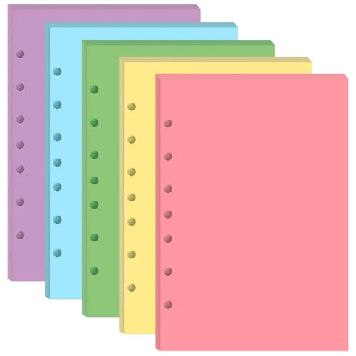Mini Binder 5 Colorful Blank Paper for 3 or 7 Ring Binders - 100 Sheets/200 Pages Loose Leaf Paper Line Refills, Per Color 20 Sheets, Desk Size 4, 5.8" x 8.5"