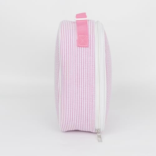MT WORLD Personalized Lunch Bag Tote Custom Embroidery Name Reusable Seersucker Stripe Pattern Insulated Lunch Box - color: Pink