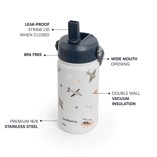 Seallama. Kids Water Bottle -14 oz Stainless Steel Tumbler with Straw Lid, Vacuum Insulated Double Wall Travel Cup, Leak-Proof Reusable Drink Bottle for School & Everyday Hydration - color: Jet Set Go