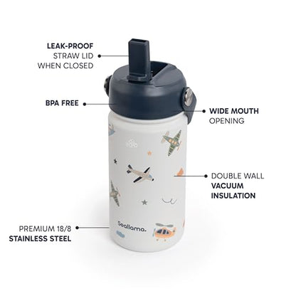 Seallama. Kids Water Bottle -14 oz Stainless Steel Tumbler with Straw Lid, Vacuum Insulated Double Wall Travel Cup, Leak-Proof Reusable Drink Bottle for School & Everyday Hydration - color: Jet Set Go