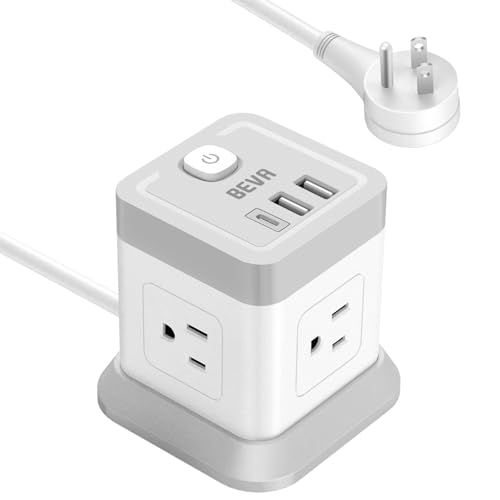 BEVA Power Strip with USB - 5ft Long Extension Cord Desktop Charging Station, Power Strip Cube with 4 Outlets and 3 USB Ports, Overload Protection for Travel, Cruise Ship, Office, Dorm Room ETL Listed - color: Grey, size: 5ft