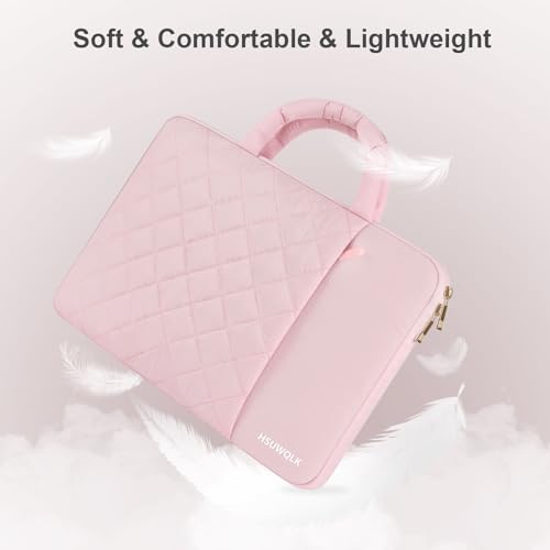 Puffy Laptop Sleeve 13.3 inch,13-14 inch Laptop Handbags for Women | Compatible with MacBook Air 13 13.6/Pro/Neo 13/Pro 14,HP Dell ASUS Lenovo,Square Quilted Bag with 2 Pockets&Handle&Belt, Pink
