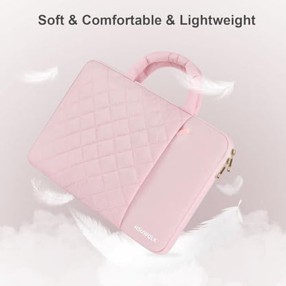 Puffy Laptop Sleeve 13.3 inch,13-14 inch Laptop Handbags for Women | Compatible with MacBook Air 13 13.6/Pro/Neo 13/Pro 14,HP Dell ASUS Lenovo,Square Quilted Bag with 2 Pockets&Handle&Belt, Pink