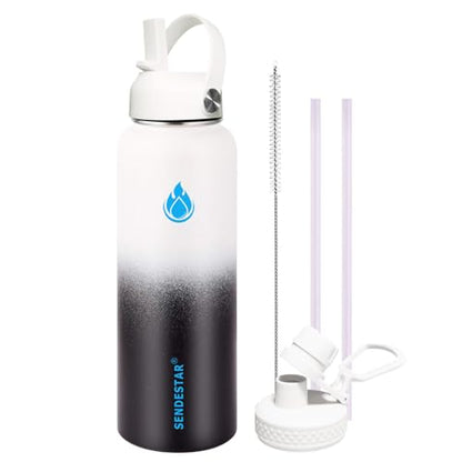 SENDESTAR Water Bottle 32oz Double Wall Vacuum Insulated Leak Proof Stainless Steel Sports Water Bottle—Wide Mouth with New Flex Straw Lid & Spout Lid (Day&Night) - color: Day&Night-A, size: 32 Ounces
