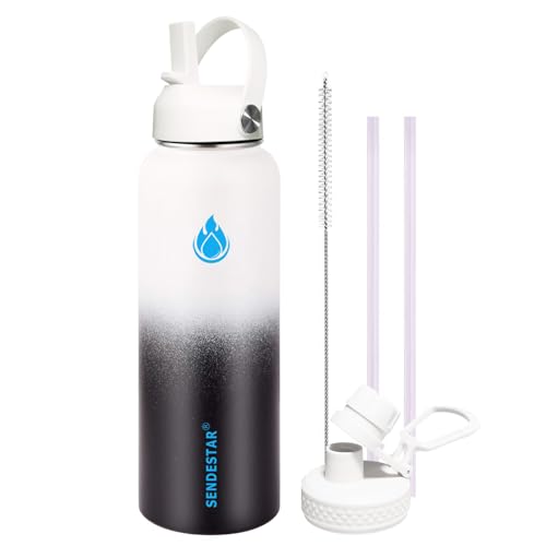 SENDESTAR Water Bottle 40oz Double Wall Vacuum Insulated Leak Proof Stainless Steel Sports Water Bottle—Wide Mouth with New Flex Straw Lid & Spout Lid (Day&Night) - color: Day&Night-A, size: 40 Ounces