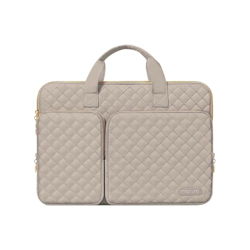 MOSISO 360 Protective Laptop Case 13.3 inch, 13-13.3 inch Laptop Sleeve Compatible with MacBook Air/Pro 13/Pro 14,HP Dell ASUS Lenovo, Square Quilted Bag Cover with 2 Pockets&Handle&Belt, Taupe Brown - color: Taupe Brown, size: 13.3 inch