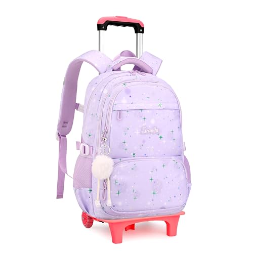 Purple Star Print Rolling Backpack for Girls Kids Backpack with Wheels Roller Bookbag Trolley School Bag Wheeled Bag - color: 2 Wheels 05 Purple, style: 2 Wheels
