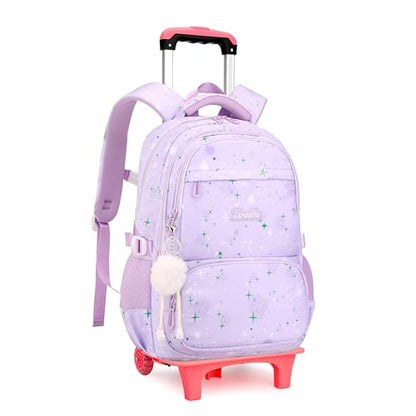 Purple Star Print Rolling Backpack for Girls Kids Backpack with Wheels Roller Bookbag Trolley School Bag Wheeled Bag - color: 2 Wheels 05 Purple, style: 2 Wheels