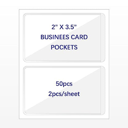IMAGAME Clear Adhesive Business Card Pockets, 50 Pack | Side Open for Loading, Plastic Labels Holders, For Storage Bins and Library Card, Organizing and Protecting Business Cards - size: 2-1/2” x 4-1/8” for 2" x 3.5" Business Cards