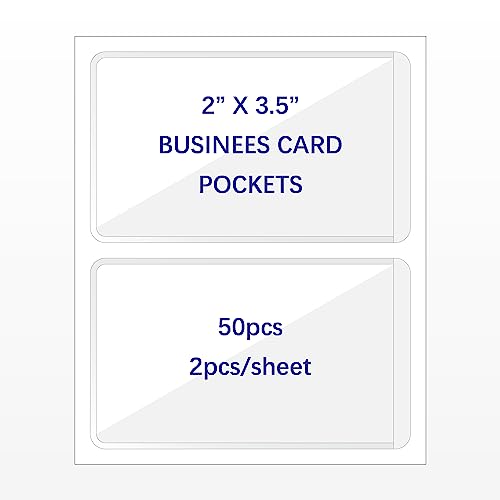 IMAGAME Clear Adhesive Business Card Pockets, 50 Pack | Side Open for Loading, Plastic Labels Holders, For Storage Bins and Library Card, Organizing and Protecting Business Cards - size: 2-1/2” x 4-1/8” for 2" x 3.5" Business Cards