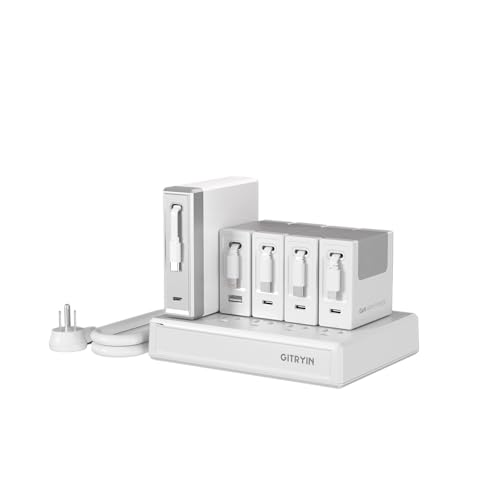 Gitryin Modular Laptop Charging Station, 140W, 4*40W Retractable Lightning, Micro USB, USB C Chargers, 1 Lightning, 1 Micro USB, 1 USB A Port, 7 USB C Ports with Cooling Power Strip, 300W Charging Hub