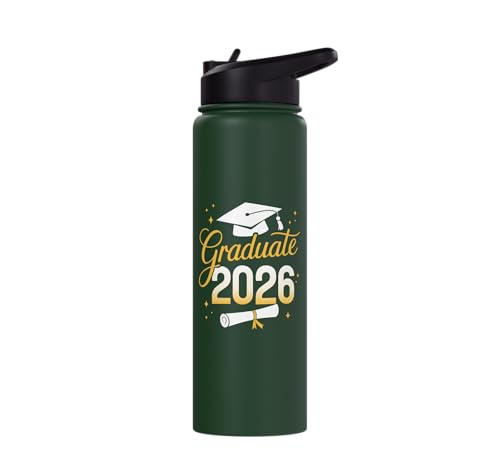Graduate 2026 for class of 2026 graduation Stainless Steel Insulated Water Bottle - color: Dark Green