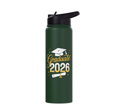 Graduate 2026 for class of 2026 graduation Stainless Steel Insulated Water Bottle - color: Dark Green