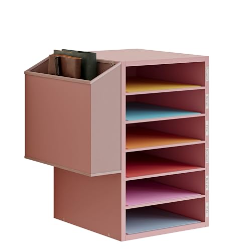 Unionly 6 Tier Adjustable Countertop Mail Sorter, Mailboxes With Name Slots, Literature Organization Paper Storage Slot, Office Desk File Organizer, Wooden Desktop Mailbox for Classroom(Pink, 6 Slots) - color: Pink, size: Standard 6 Slots