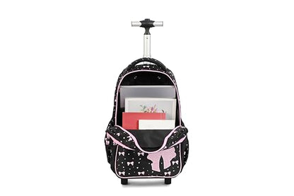 Women Large Rolling travel Backpack for kids, Wheeled Backpack with Adjustable Shoulder Straps, Nylon Book Bag 3pc Set (BOWKNOT BLACK) - color: Bowknot Black
