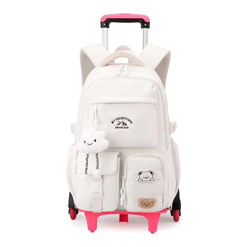 Girls Boys Rolling Backpack with Wheels, Girls Backpack with Wheels for School, Kids Carry-on Luggage Wheeled School Bag Roller Trolley Bookbag, White - color: 6 Wheels White