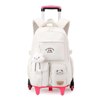 Girls Boys Rolling Backpack with Wheels, Girls Backpack with Wheels for School, Kids Carry-on Luggage Wheeled School Bag Roller Trolley Bookbag, White - color: 6 Wheels White