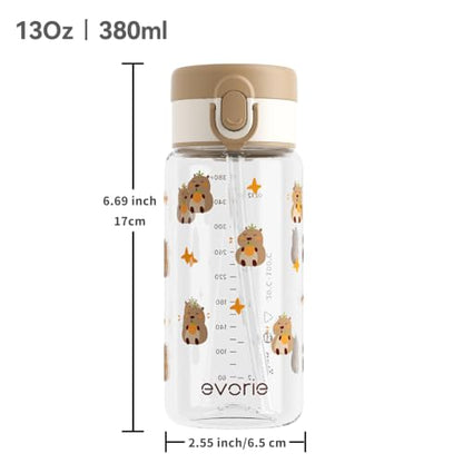 Evorie Tritan Kids Water Bottle with Straw, 13oz BPA-Free Leak-Proof Drinking Bottle for School & Travel, Lightweight Clear Water Bottle, Dishwasher Safe, for Kids Ages 3+ (Capybara) - color: Capybara
