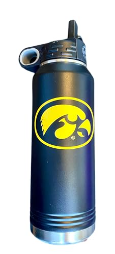 Game Day Outfitters University of Iowa 32oz Stainless Steel Double Walled Black Beverage Bottle with Flip Straw Spout - College Gear for Playoff Season – Show your Hawkeye Pride - style: Iowa / Black