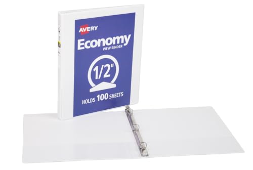 Avery Standard View 3 Ring Binders, 0.5" Round Rings, 100-Sheet Capacity, 0.7 Inch Wide Spine, White Binders, Ideal for Lightweight Organization and Occasional Referencing (12-Pack of 05706) - size: 0.5"