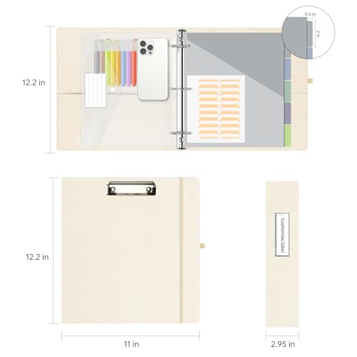 2 Inch 3 Ring Linen Binder Organizer, BVSSX Three Ring Binders with Clipboard, Plastic Folder, 5-Tabs Pocket Dividers with Sticker Labels, Pen Loop, Elastic Strap (Beige, Letter Size) - color: Light Beige, size: 2in（Letter Size）
