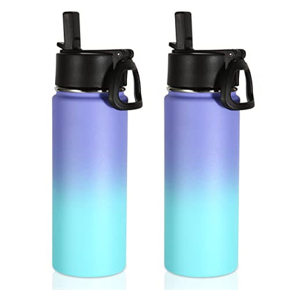 Volhoply 18oz Insulated Water Bottle Bulk 2 Pack,Kids Stainless Steel Water Bottles with Straw Lid,Double Wall Vacuum Metal Cups,Wide Mouth Reusable Sports Flask For Cold Drink(Purple Blue,2 Set) - color: Purple Blue